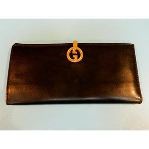 Vintage GUCCI Long Wallet Bifold w/coin envelope Black/Red 70s Leather Gold Logo